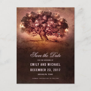 String lights old oak tree rustic save the date announcement postcard