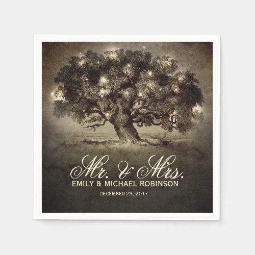 String lights old oak tree rustic wedding paper napkins - Vintage string lights / twinkle lights old oak tree on grunge background rustic country wedding napkin featuring "Mr. & Mrs." in an antique calligraphy script font with custom monogram design that can be personalized with the bride and groom's married name and wedding date. for summer, fall, spring or winter wedding! Perfect design for the country wedding. contact me for any design customization. Matching products available