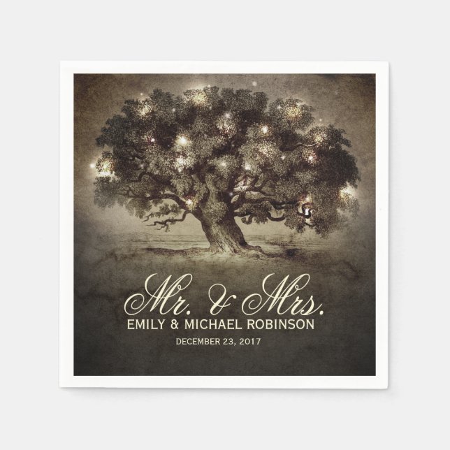 String lights old oak tree rustic wedding paper napkins (Front)
