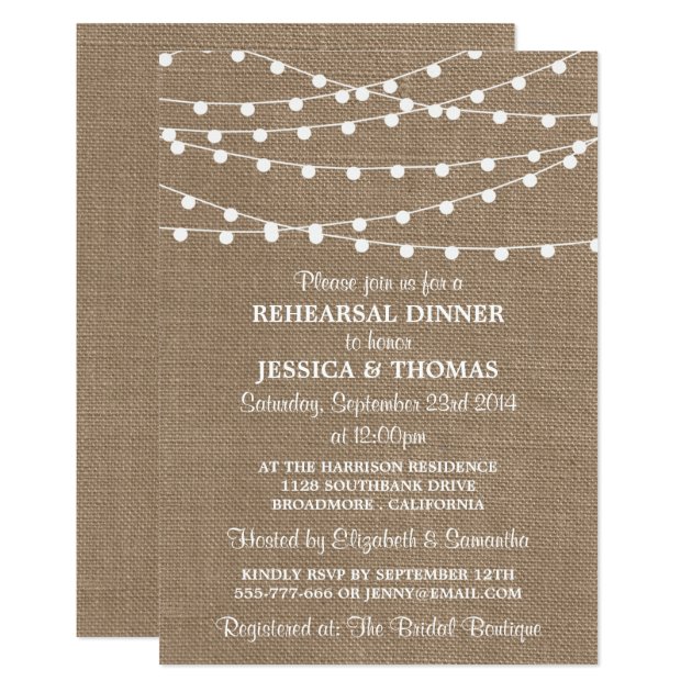 String Lights On Burlap Wedding Rehearsal Dinner Invitation