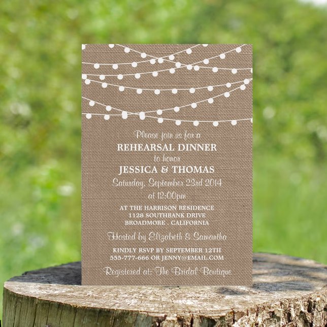 String Lights On Burlap Wedding Rehearsal Dinner Invitation (Creator Uploaded)