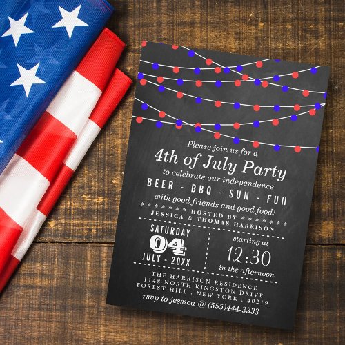 String Lights On Chalkboard 4th Of July Party Invitation