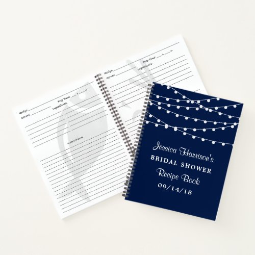 String Lights On Navy Blue Bridal Shower Recipe Notebook