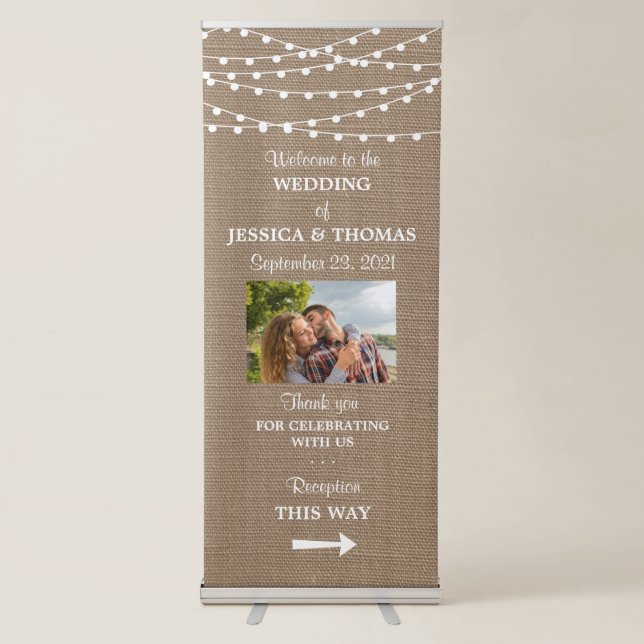 String Lights On Rustic Burlap Wedding Welcome Retractable Banner (Front)
