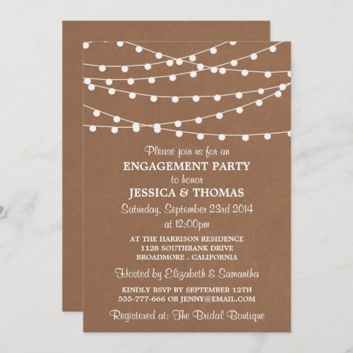 String Lights On Rustic Kraft Engagement Party Invitation