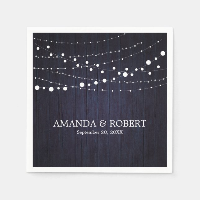 String Lights On Rustic Wood Wedding Blue Napkins (Front)