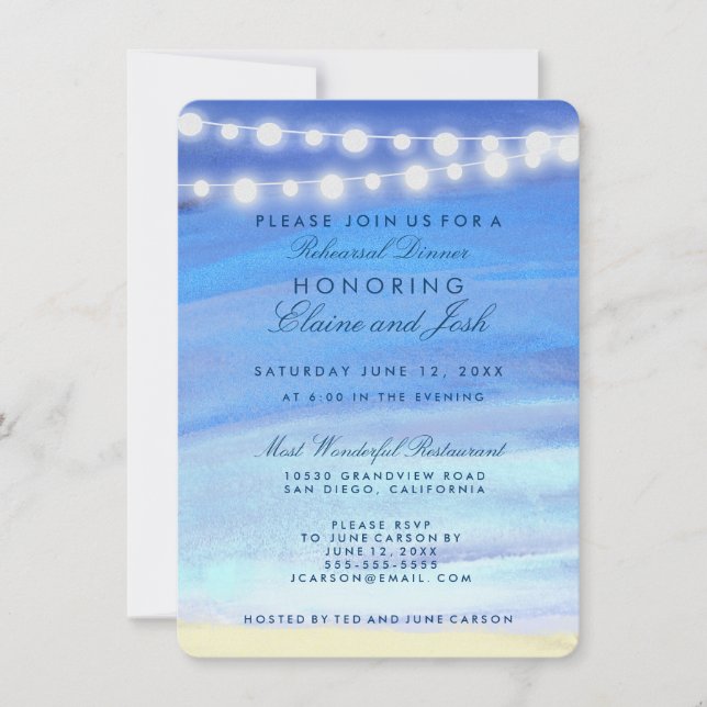 String lights on the water Rehearsal Dinner Invitation (Front)