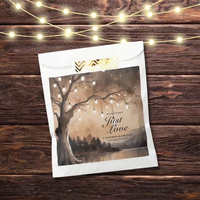 String Lights On Tree Romantic Country Wedding  Favor Bag (Flat lay barn wood fairy lights enchanted woodland forest light bulbs autumn fall leaves favor bag)