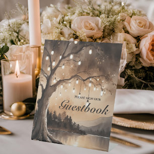 String Lights On Tree Romantic Country Wedding Pedestal Sign