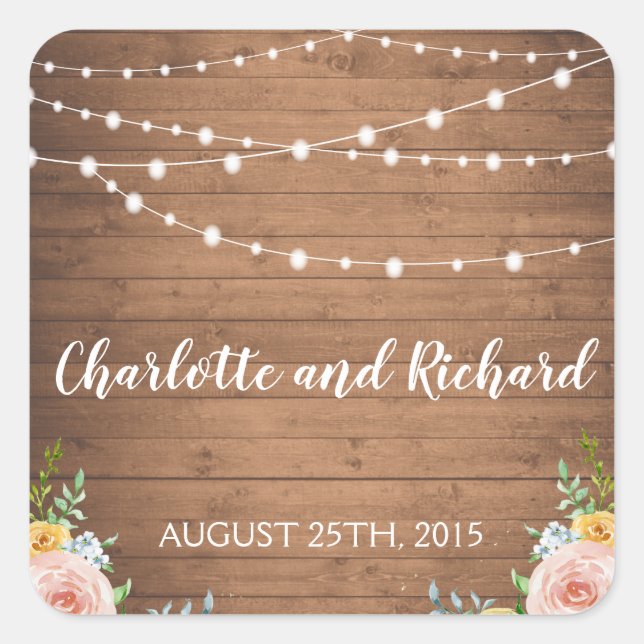 String lights on wood rustic wedding stickers (Front)