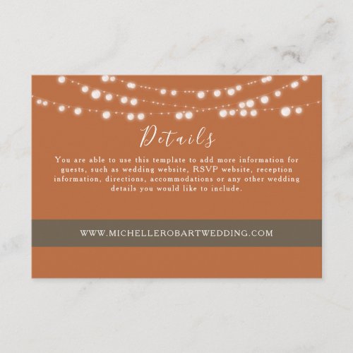 String Lights Orange Wedding Details Enclosure Card