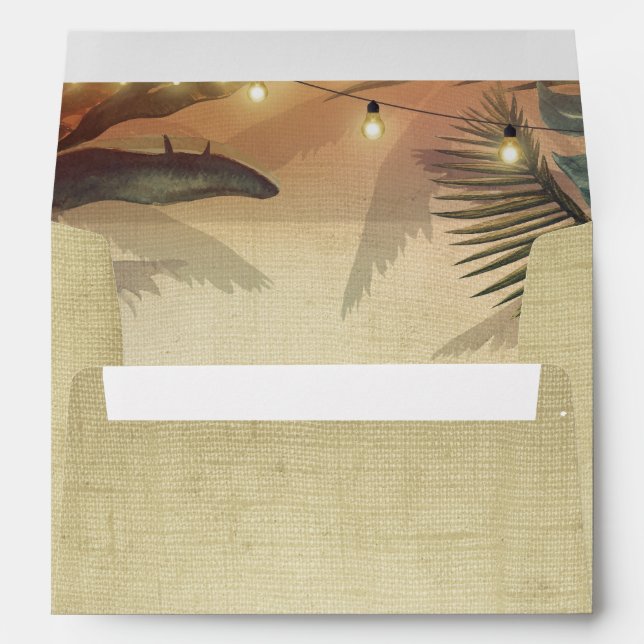 String Lights Palm and Rustic Linen Beach Wedding Envelope (Back (Bottom))