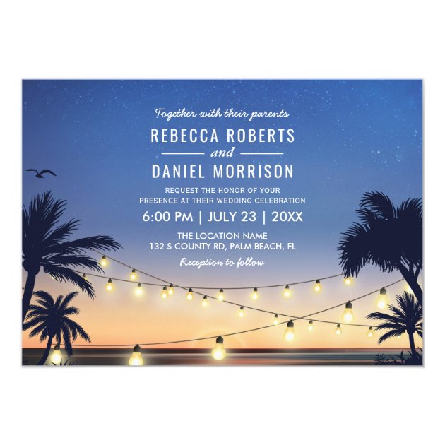 String Lights Palm Beach Destination Wedding Card (front side)