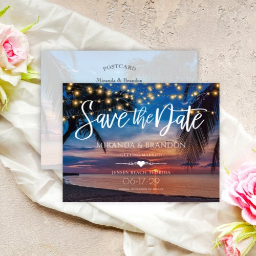 String Lights Palm Beach Wedding Save the Date Announcement Postcard