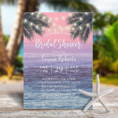 String Lights  Palm Tree Beach Bridal Shower Invitation