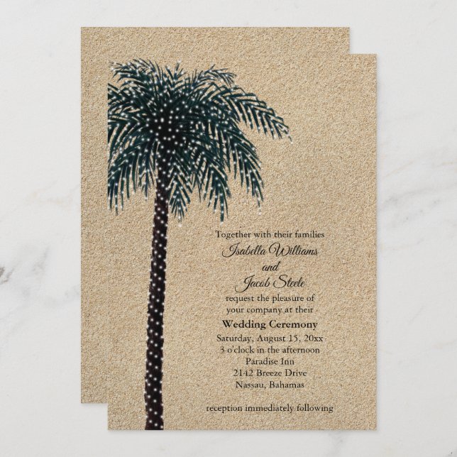 String Lights Palm Tree Wedding Invite Beach Sand (Front/Back)