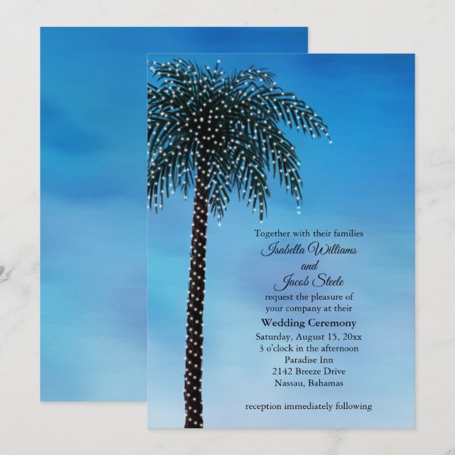 String Lights Palm Tree Wedding Invite Watercolor (Front/Back)