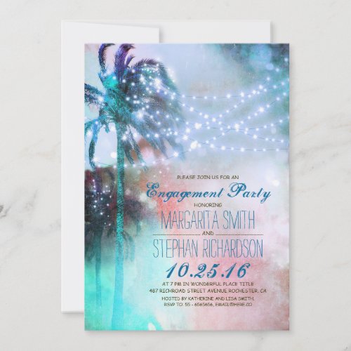 string lights palm trees beach engagement party invitation