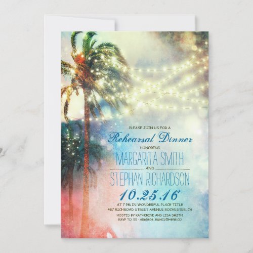 string lights palm trees beach rehearsal dinner invitation