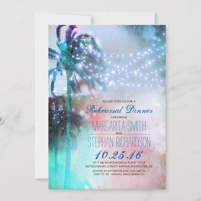 string lights palm trees beach rehearsal dinner invitation (Front)