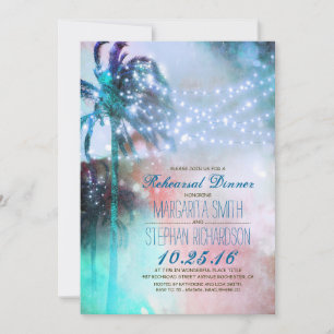 string lights palm trees beach rehearsal dinner invitation
