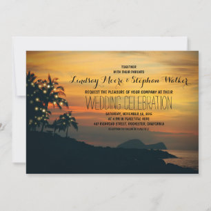 string lights palm trees beach wedding invitation