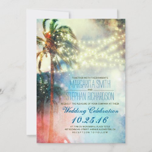 string lights palm trees beach wedding invite 5" x 7" invitation card