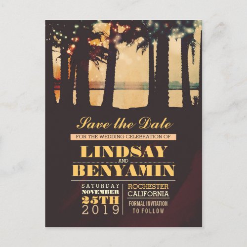 String lights palms beach save the date postcard - Romantic old fashioned yet modern beach save the date with string of lights or twinkle lights wire hanging on the palm trees.