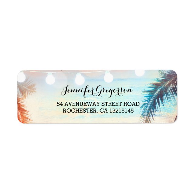 String Lights Palms Beach Sunset Return Wedding Label (Front)