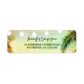 String Lights Palms Beach Sunset Return Wedding Label