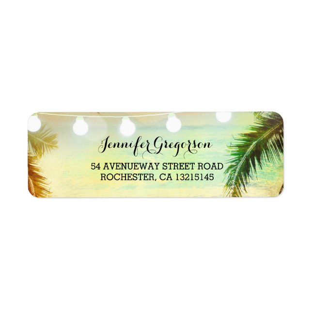 String Lights Palms Beach Sunset Return Wedding Label (Front)