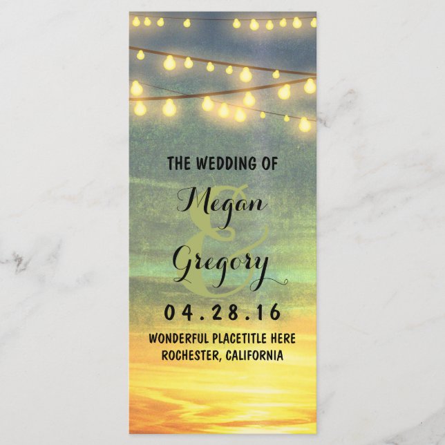 String Lights Palms Beach Sunset Wedding Programs (Front)