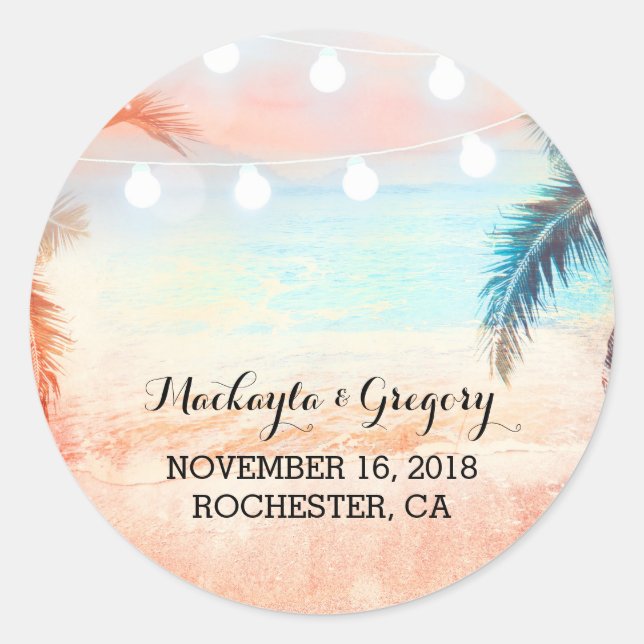 String Lights Palms Beach Wedding Stickers (Front)