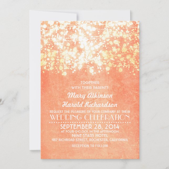 string lights peach and gold rustic wedding invitation (Front)