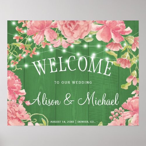 String lights peonies blush wedding welcome sign