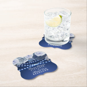 String lights Personalized Blue Elegant Wedding Paper Coaster