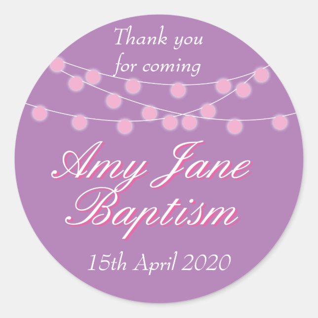 String Lights Pink Baptism Christening Favor Classic Round Sticker (Front)