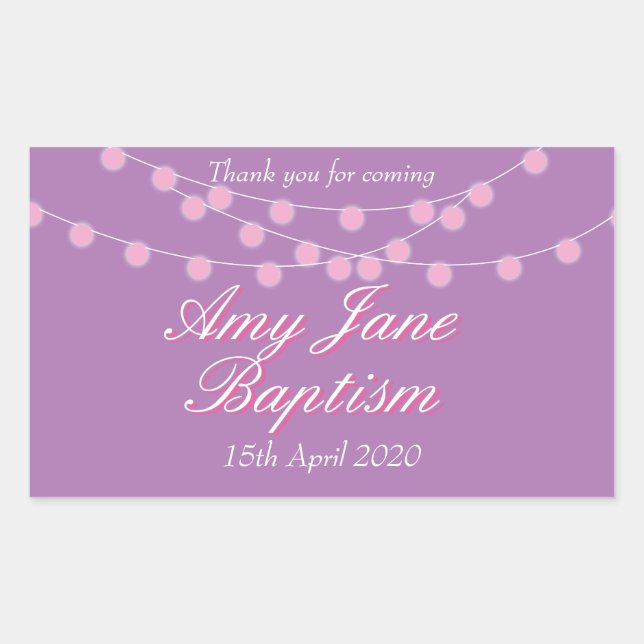 String Lights Pink Baptism Christening Favor Rectangular Sticker (Front)