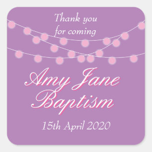 String Lights Pink Baptism Christening Favor Square Sticker