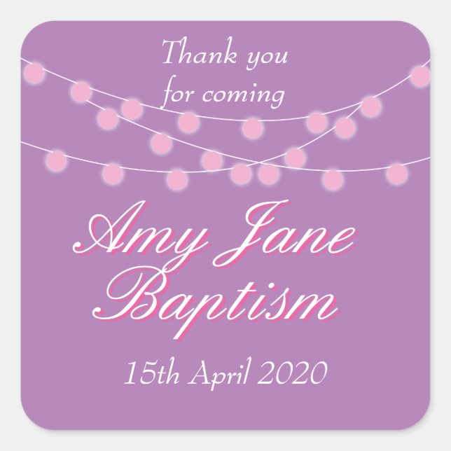 String Lights Pink Baptism Christening Favor Square Sticker (Front)