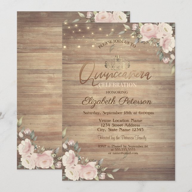 String Lights Pink Flowers Wood Quinceañera  Invitation (Front/Back)