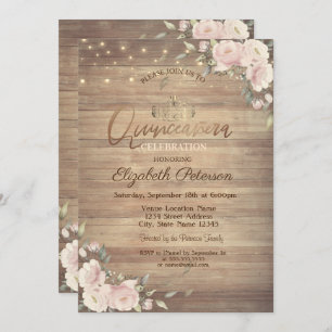 String Lights Pink Flowers Wood Quinceañera Invitation