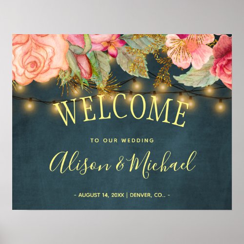 String lights pink roses navy wedding welcome sign