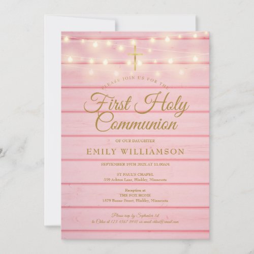 String Lights Pink Wood First Holy Communion Invitation