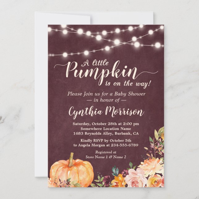String Lights Pumpkin Baby Shower Burgundy Floral Invitation (Front)