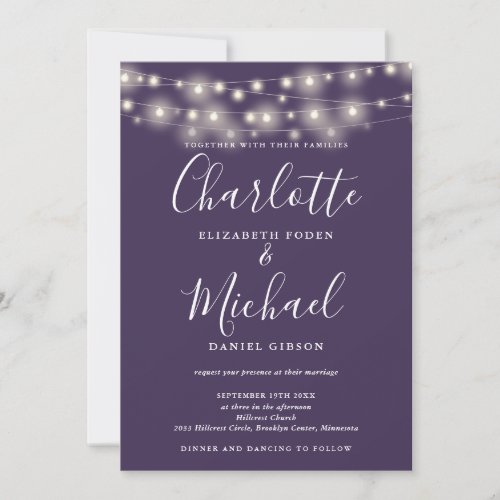 String Lights Purple All In One Simple Wedding Invitation