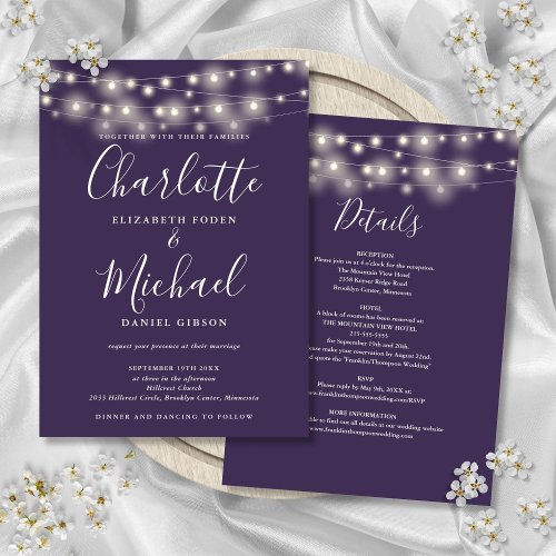 String Lights Purple All In One Simple Wedding Invitation