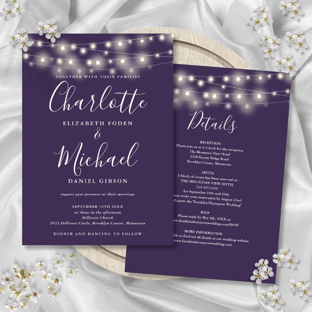 String Lights Purple All In One Simple Wedding Invitation (String Lights Purple All In One Simple Wedding Invitation)