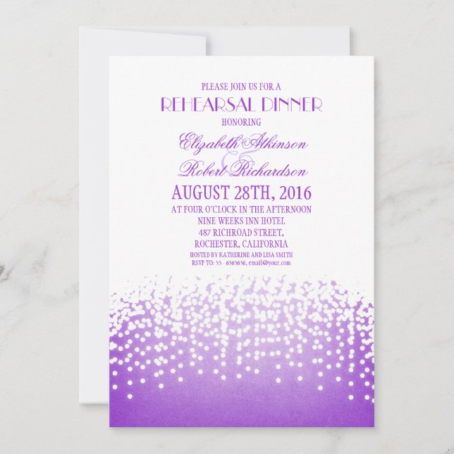 string lights purple elegant rehearsal dinner invitation (Front)