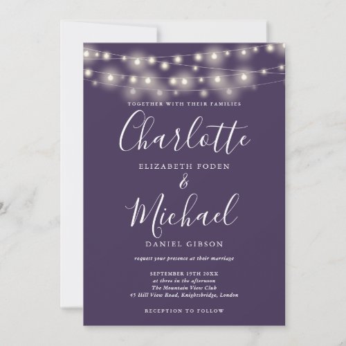 String Lights Purple Elegant Script Wedding  Invitation